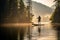A man engages in stand-up paddleboarding on a serene lake