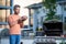 Man enjoying barbecuing. man grilling his favorite meats. cook showcasing his barbecue techniques at cookout event, copy