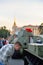 A man examines a Soviet medium tank T-34 on the Dvortsovaya square