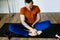 Man Excercising Yoga At Home, Mature Man Doing Yoga At Home