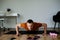 Man Excercising Yoga At Home, Mature Man Doing Yoga At Home