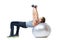 Man, exercise ball or balance in dumbbell workout performance, wellness or studio on white background. Strong male