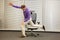 Man exercising on chair in office, healthy lifestyle