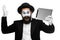 Man with a face mime working on laptop