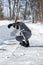 Man falling becauce of black ice on the road, danger on winter season