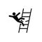 Man falling from broken ladder accident icon. Handyman injury risk symbol. Worker falling down black sign.