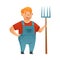 Man farmer character in overalls standing with fork cartoon vector illustration