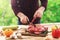 Man farmer cooking beef meat for cooking healthy food