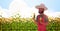 Man farmer holding corn cob african american countryman in overalls standing on corn field organic agriculture farming