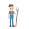 Man farmer in overalls with fork in hands. Rural type of work