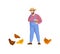 Man farmer in overalls and straw hat feeding chickens. Cheerful agricultural worker holding basket of grain feeding hens. Poultry
