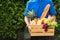 Man farmer wears delivery uniform he holding full fresh vegetables and fruits in crate wood box