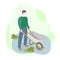 Man farmer worker holding a wheelbarrow on the field. Season agriculture harvest work scene. Isolated flat trendy cartoon modern