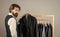 Man fashion clothes designer presenting tailored collection, special day concept