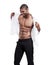 Man, fashion and muscle with six pack, fit and dressing for chest, african and male model in white background. Alone
