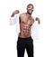 Man, fashion and portrait with abs, shirt and dressing for work, african and male model in white background. Alone