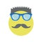 Man with a fashionable haircut with sunglasses and moustache. Yellow smile.
