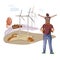 A man father with a child son look at the Landscape with wind turbines, windmills. Vector