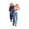 Man Firefighter Leading Woman from Fire and Smoke as Rescue and Life Saving Emergency Operation Vector Illustration