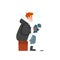 Man fishing in a frozen river and drinking hot tea from thermos, extremal ice winter fishing vector Illustration