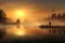 Man fishing at stunning sunrise over tranquil lake. Generative AI