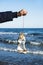 Man fishing a used plastic bottle in the sea