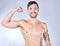 Man, fitness and bicep muscle flex on gray studio background for training, exercise and workout success. Portrait, happy