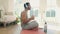 Man, fitness and headphones for home yoga, audio streaming and workout music with happy energy on floor. Young person on