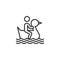 Man floating inflatable swan on water line icon