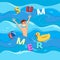A man floating on the waves in the sea with an inflatable circle in the form of a duck, a ball and letters folding the word `Summe