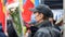 Man with flowers at the protest for snap elections in Chisinau, Moldova