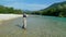 A man fly fishing on the alpine Soca River near Tolmin, Slovenia