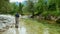 A man fly fishing on the alpine Soca River near Tolmin, Slovenia