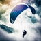 Man is flying in sky on paraglider high above clouds, concept of an active lifestyle, extreme sports