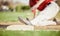 Man, foot or slide on sports baseball field in game, match or competition challenge for homerun motion blur. Athlete