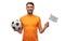 man or football fan with soccer ball and flag