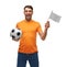 man or football fan with soccer ball and flag