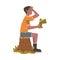 Man Forest Ranger Sitting on Stump with Map, National Park Service Employee Character in Uniform Cartoon Style Vector