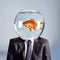 Man in formal suit with tie has a full fishbowl with goldfish on his shoulders instead of a head, made with generative ai