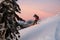 man freerider slides down a snowy slope against the backdrop of a beautiful mountain landscape