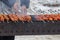 A man fries meat while cooking barbecue. Cooking meat in nature. Close-up