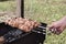 Man fries meat on the grill, meat on skewers and on hot coals, a picnic in nature