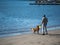 Man with frisbee and dog ball launcher playing with golden retriever on beach