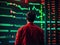 Man in front of monitor screens, stock marking trading graphs, data charts, money graph, green red, stock trader charts,