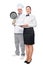 man with a frying pan and cook woman waiter with a tray