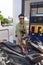 Man Fuel Motor Bike, Happy Smiling Hispanic Guy On Gas Station