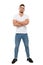 Man Full Body Portrait on White Background, Boy in T Shirt and Jeans, Arms Folded