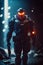 Man in futuristic suit with red light on his face and gun in his hand. Generative AI