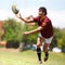 Man, game and rugby on field for competition by running for fitness or exercise with energy. Male athlete, ball and