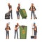 Man garbage collector collecting and sorting waste for recycling. Janitor, sweeper, cleaner cleaning street cartoon